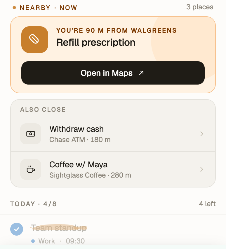 Brush — Nearby Now: you're 90 m from Walgreens, refill prescription, with other places close by